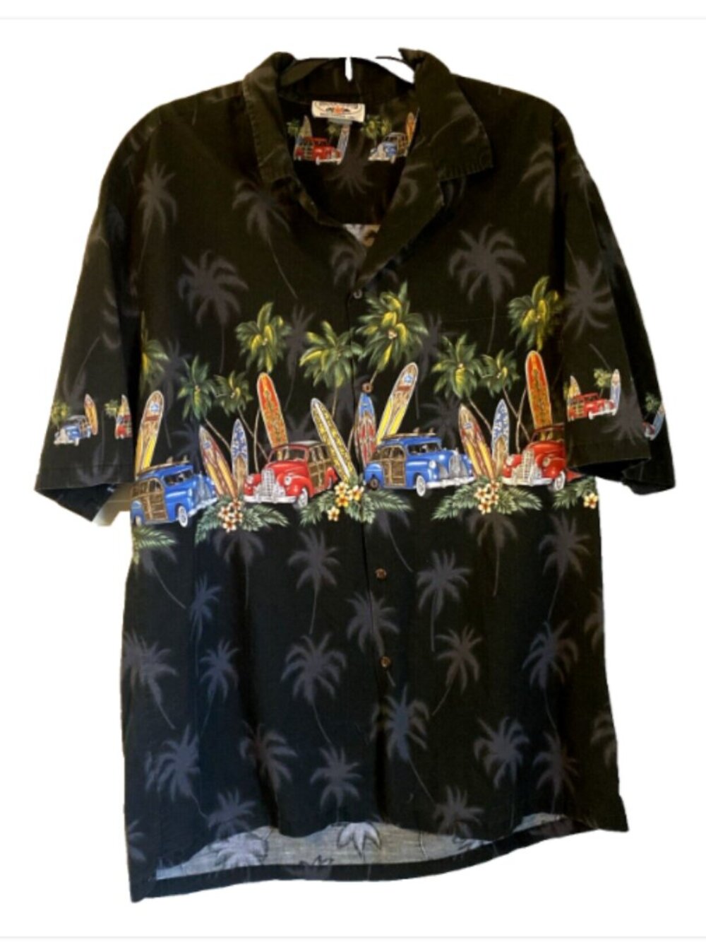 Pacific Legend Men’s Hawaiian Shirt Size XL Woodys Surf Boards Black